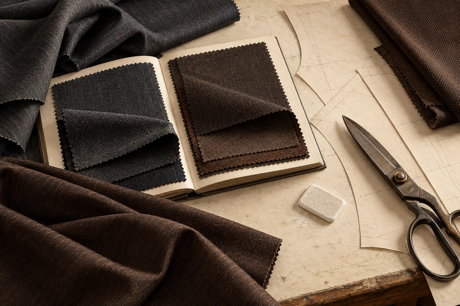 Cloth swatches and cutting tools on an ivory workbench